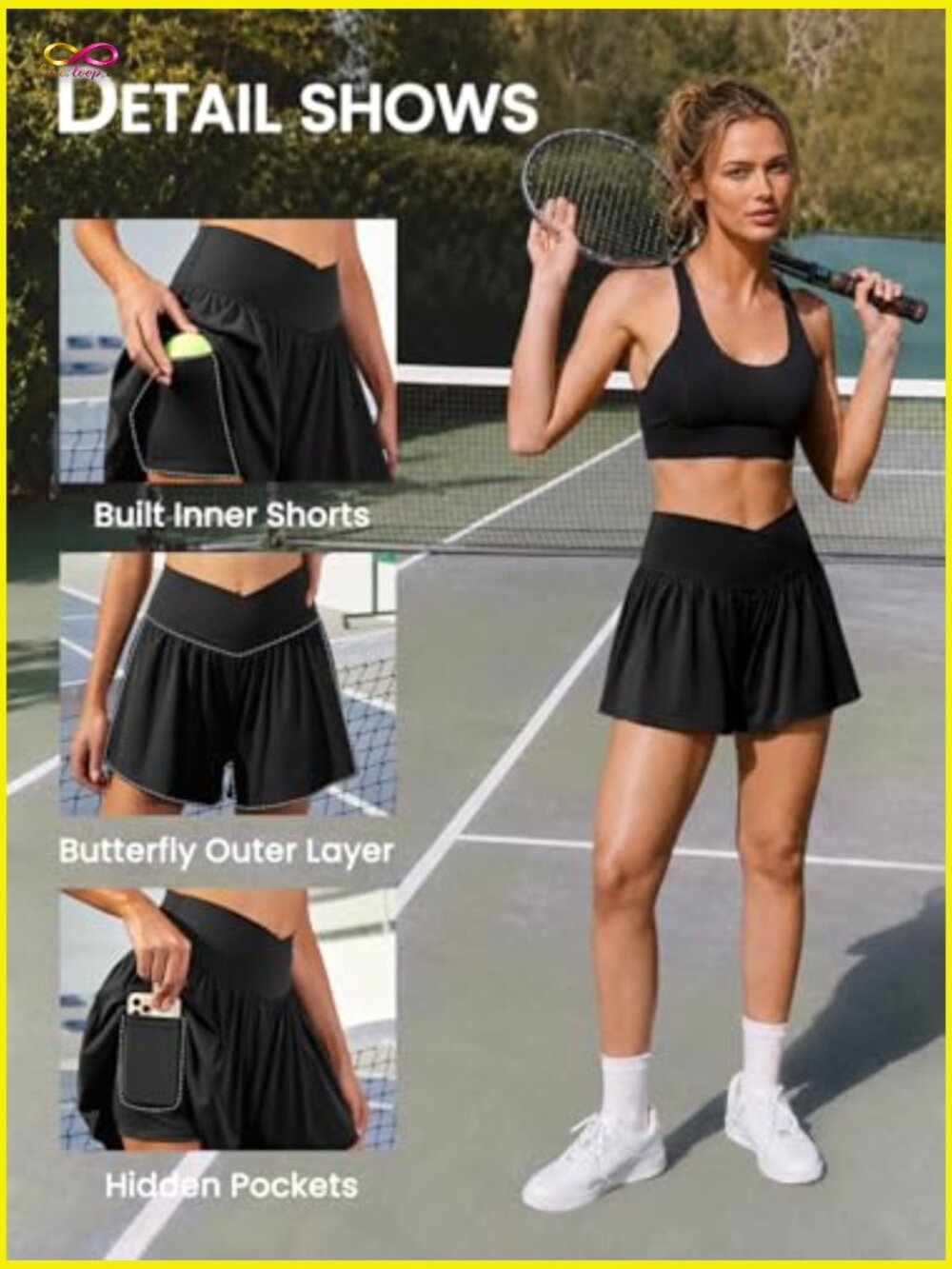 Athletic Running Shorts with Pockets Crossover Butterfly Flowy Skorts 2-in-1 - Picture 5 of 7